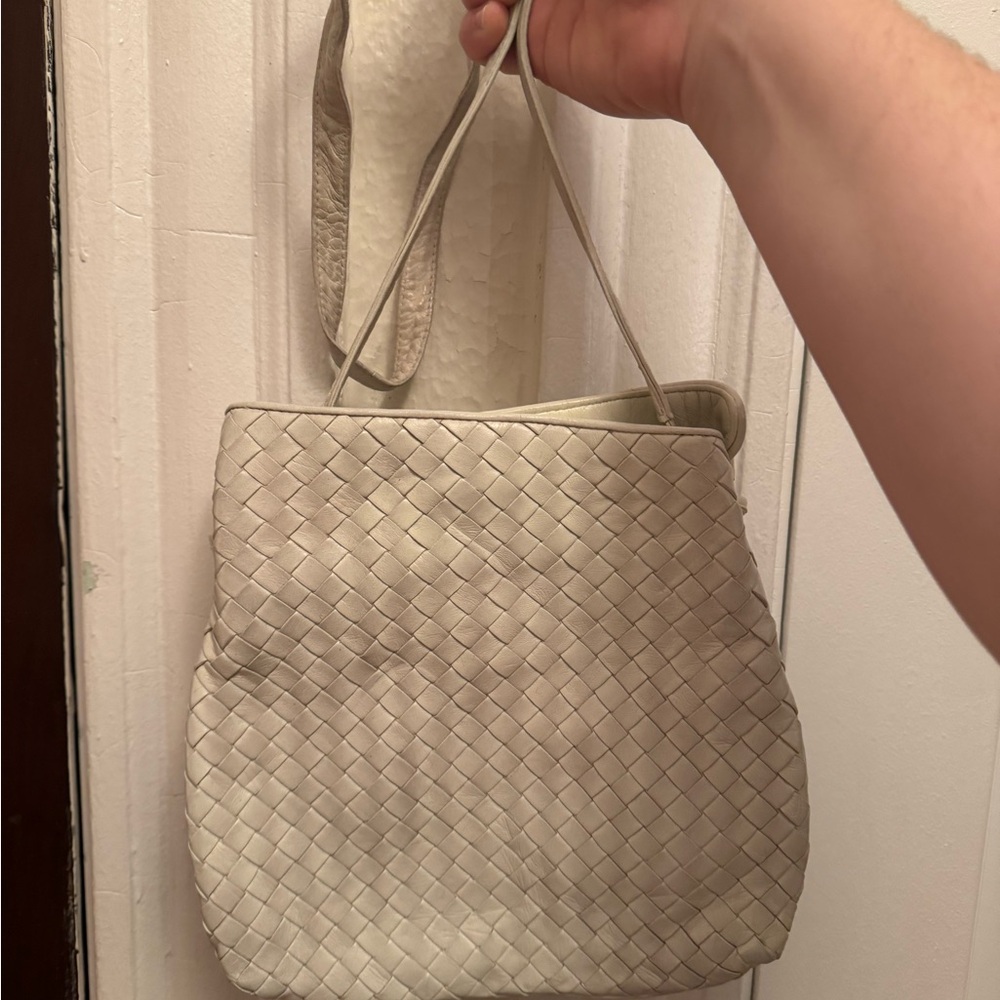 Bottega Veneta Cream Woven Shoulder Bag with Textured Design